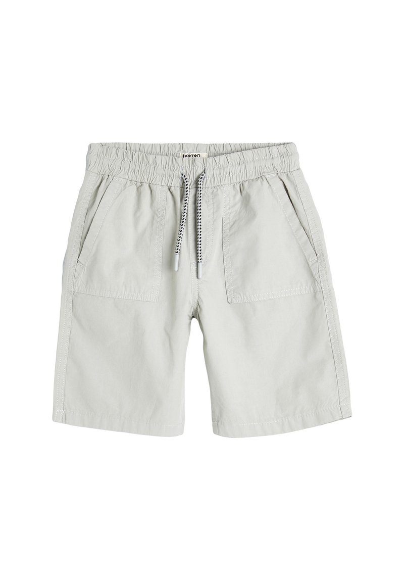 Pantaloni corti di cotone grigio chiaro con vita elastica, coulisse e due tasche laterali. Texture liscia e design casual.