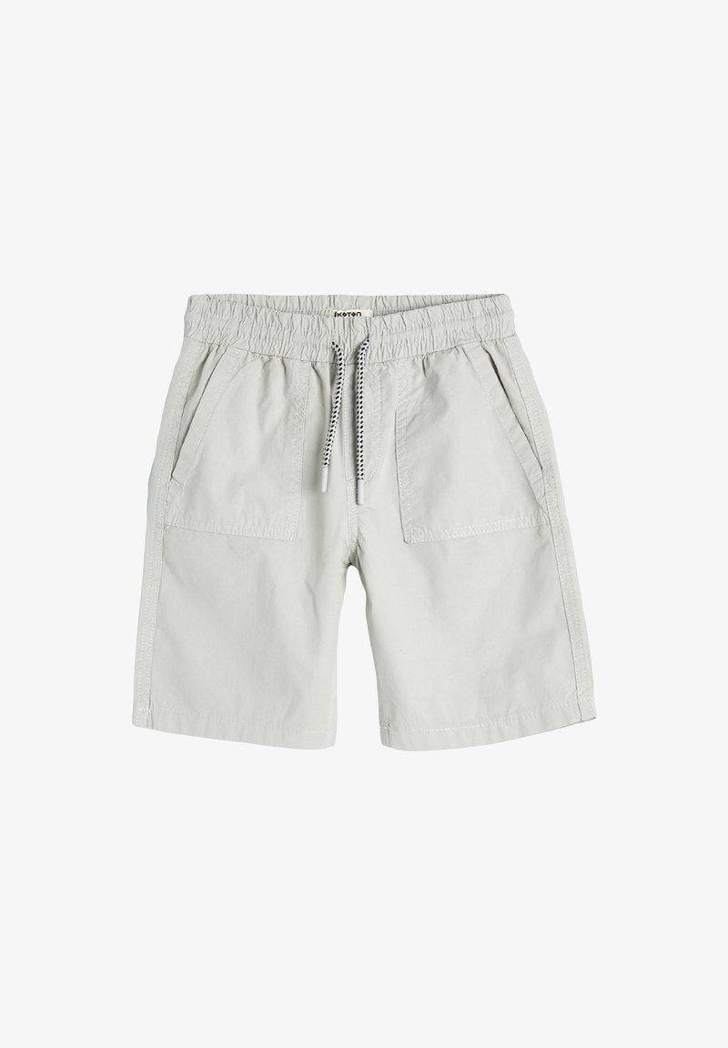 Vaaleanharmaat puuvillashortsit, joissa on joustava vyötärö, nyöri ja kaksi sivutaskua. Tasainen pinta ja rento muotoilu.