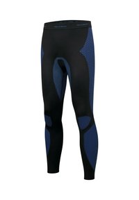 Schwarze und blaue Sportleggings mit engem Schnitt, strukturierten Mustern und verstärkten Kniebereichen für erhöhte Haltbarkeit.