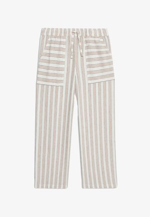 Pantalons lounge rayés en tissu léger et doux. Taille élastique avec cordon de serrage. Deux grandes poches latérales. Rayures horizontales et verticales.