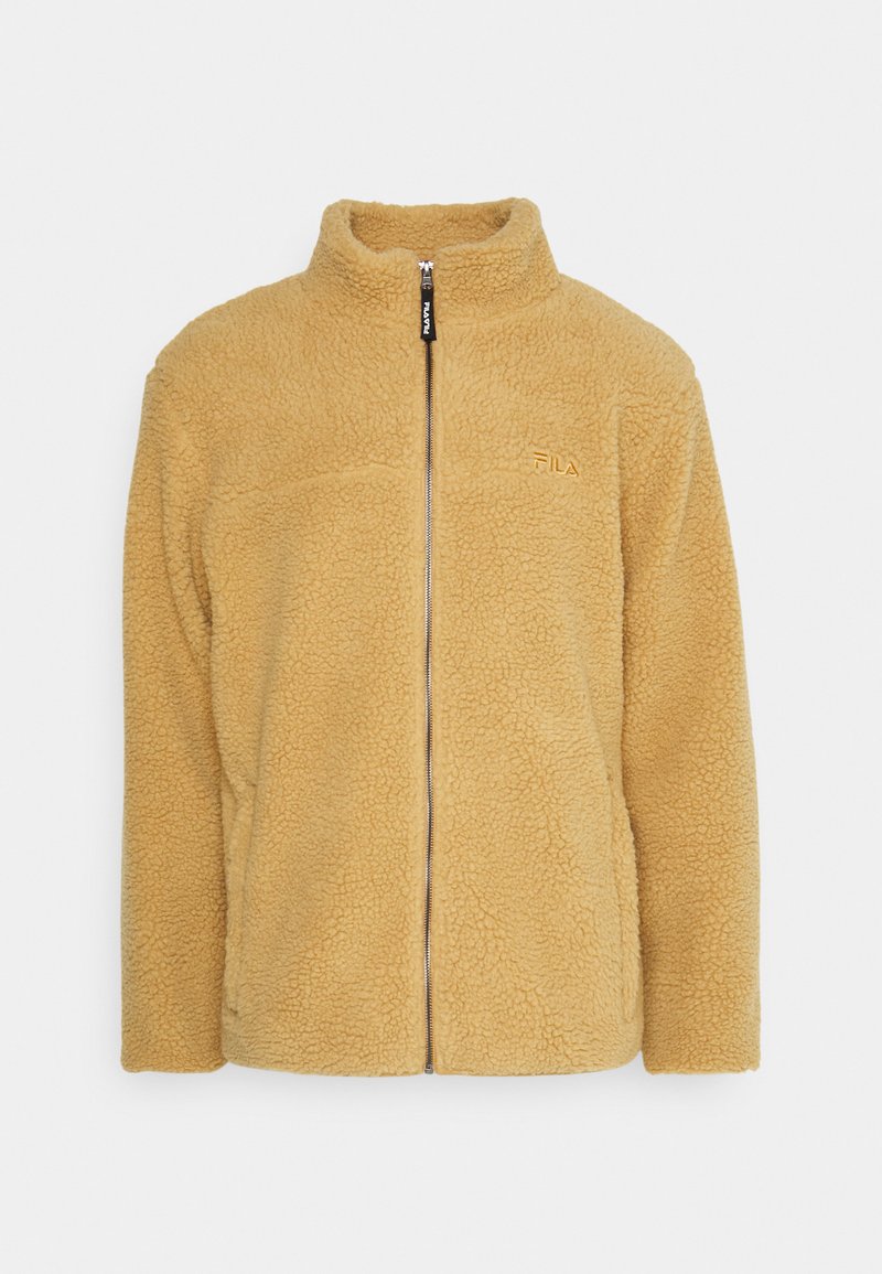 Giacca in pile di un caldo colore marrone chiaro, con colletto alto, zip completa e un piccolo logo sul petto. Superficie in tessuto morbido e texturizzato.