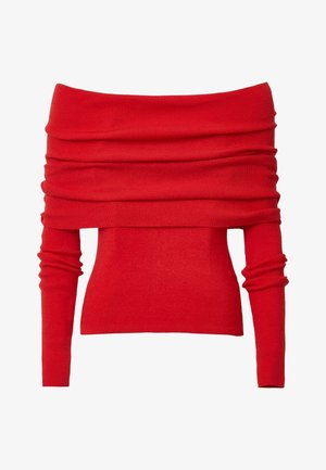 Roter schulterfreier Pullover aus Rippstrickstoff. Mit langen Ärmeln mit gerafften Bündchen und einem lässigen Schnitt.