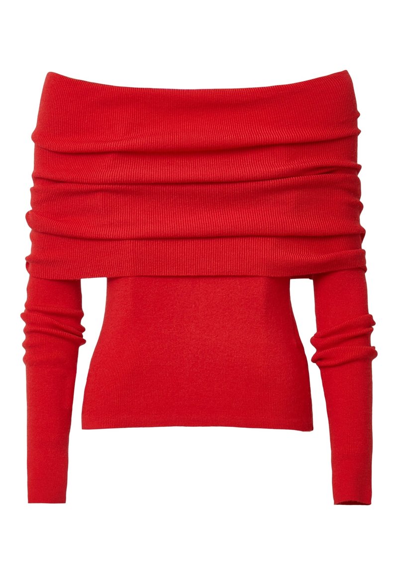 Roter schulterfreier Pullover aus Rippstrickstoff. Mit langen Ärmeln mit gerafften Bündchen und einem lässigen Schnitt.