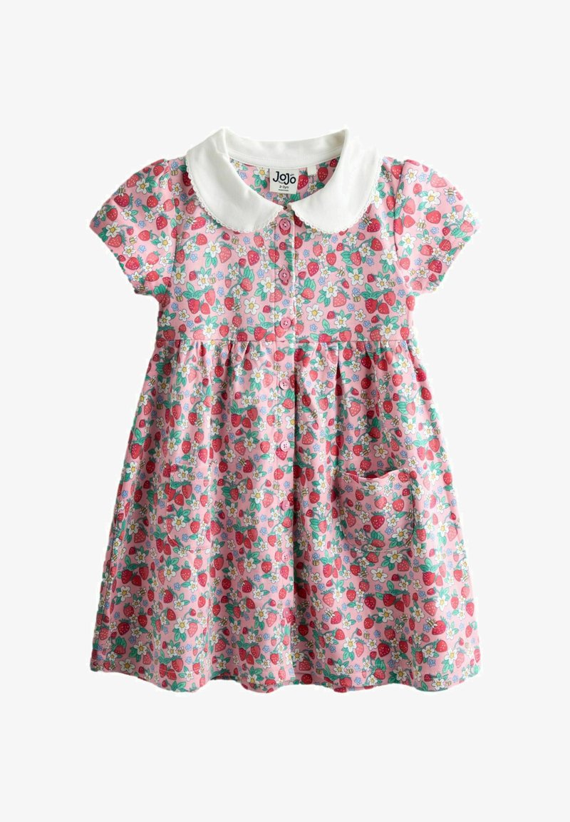 Ružové krátke šaty pre batoľatá s bielym golierom Peter Pan a zapínaním na gombíky vpredu, s potlačou jahôd a kvetín a dvoma prednými vreckami.