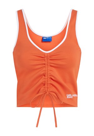 Oranges ärmelloses Crop-Top mit weißem Besatz, vorn geraffter Kordelzug und "Karl Lagerfeld Jeans" Logo unten rechts.