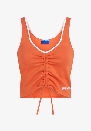 Haut court orange sans manches avec bordure blanche, cordon froncé à l'avant et logo "Karl Lagerfeld Jeans" en bas à droite.