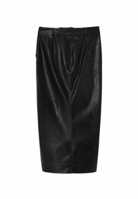 Crna kožna suknja u obliku olovke s glatkom teksturom, do koljena, koja sadrži dva suptilna bočna džepa i središnji šav.