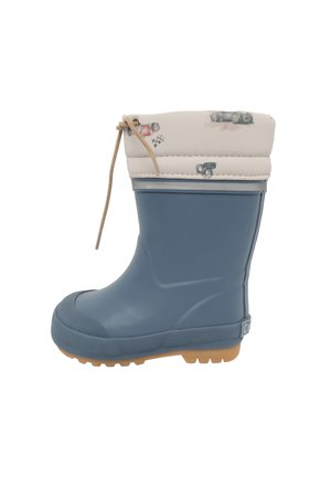 Blauwe rubberen regenlaars met lichtbruine zool, crèmekleurige manchet versierd met auto-illustraties en een bruine veter aan de bovenkant.