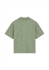 Short-sleeve sage green textured shirt with a flat collar, shown from the back on a white background.