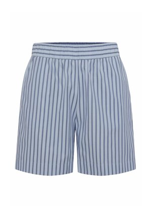 Blaue und weiße gestreifte Shorts mit elastischem Bund und leichtem Stoff, die vertikale Streifen und ein entspanntes Schnittdesign aufweisen.