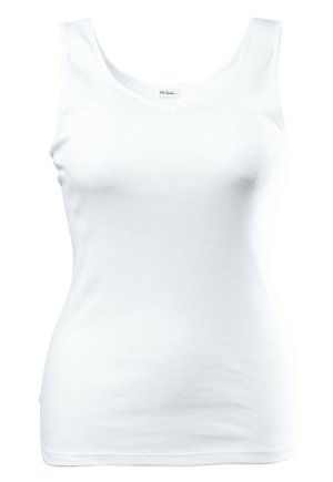 White tank top made of soft cotton, featuring a V-neck design and wide shoulder straps, with smooth, slightly fitted silhouette.