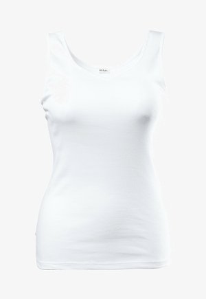 Weißes Tanktop aus weicher Baumwolle mit V-Ausschnitt und breiten Schulterträgern, mit einer glatten, leicht taillierten Silhouette.