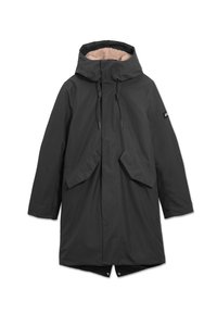 Parka noire imperméable avec un intérieur beige en peluche, conçu avec une capuche, des cordons de serrage réglables et de grandes poches avant.