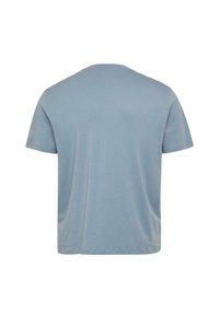 Lichtblauw T-shirt met korte mouwen van katoen met een ronde hals. Vloeiende textuur en een losse pasvorm. Geen grafische afbeeldingen of patronen.