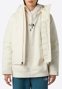 En person som bär en krämfärgad vadderad jacka över en matchande huva och tealfärgade byxor, alla med The North Face-logotyp.