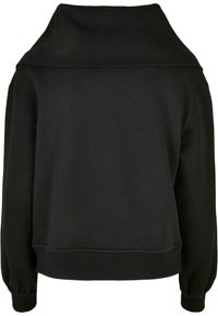 Sweat-shirt noir à manches longues avec col large plié haut et poignets et ourlet côtelés, vu de dos.