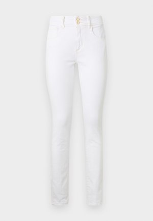 Blugi skinny din denim alb, cu talie înaltă, două buzunare frontale și accente de nasturi aurii. Textură netedă cu un design clasic cu cinci buzunare.