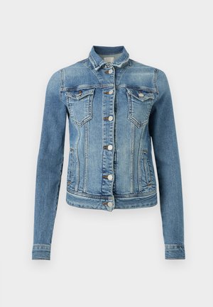 Izbalējis zils džinsa žakete ar pogu slēgumu priekšpusē, divām krūšu kabatām ar atloku un vertikālām šuvju detaļām uz auguma un piedurknēm.