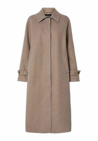 Cappotto in misto lana beige con taglio dritto, colletto alto e tasche laterali. Presenta dettagli con bottoni sui polsini delle maniche lunghe.