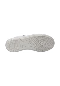 Semelle de chaussure en caoutchouc blanc avec des motifs de texture pour une meilleure adhérence. Elle présente un bout arrondi et un bord lisse légèrement surélevé tout autour.