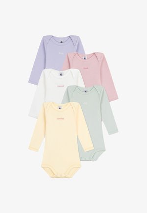 Penki ilgomis rankovėmis kūdikių bodžiai levandų, rožinės, baltos, mėtų žalios ir geltonos spalvų, su mygtukų uždarymu ir išsiuvinėtomis dienų pavadinimais.