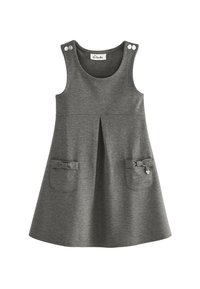 Graues ärmelloses Kleid aus weichem Stoff mit einem Faltenwurf, zwei Fronttaschen mit Schleifen und dekorativen Knöpfen auf den Schultern.