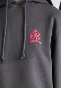 Gray sweatshirt with a hood, featuring a pink embroidered logo of a lion within a laurel wreath and the text "TOMMY JEANS." Textured fabric.
