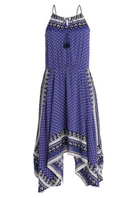 Modré bezrukávové letní šaty s tenkými ramínky, geometrickými a květinovými vzory, zavazováním na třásně u výstřihu a asymetrickým capkovým lemem.