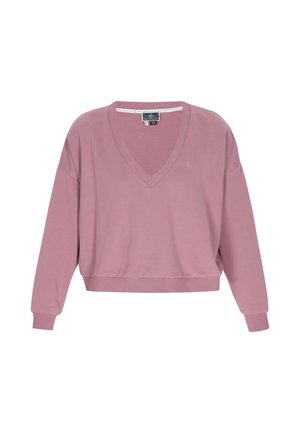 Vaaleanpunainen lyhyt huppari, jossa on V-pääntie, leveät hihat ja ribbaitut hihansuut. Valmistettu pehmeästä materiaalista, jossa on pieni logodetaili kauluksen lähellä.