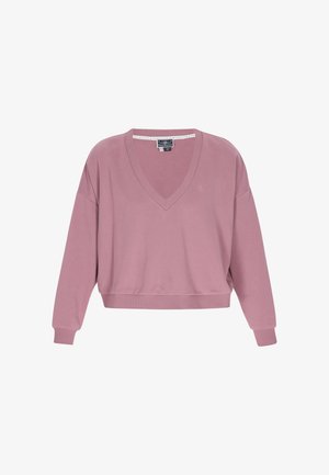Sweatshirt scurt roz cu decolteu în V, mâneci largi și manșete ribbate. Realizat dintr-un material moale, cu un detaliu mic al logo-ului aproape de decolteu.