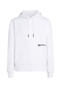 Weißer Kapuzenpullover mit einer Fronttasche, verstellbarem Kordelzug und schwarzem Logo-Druck auf der Brust. Hergestellt aus einem weichen, strukturierten Material.
