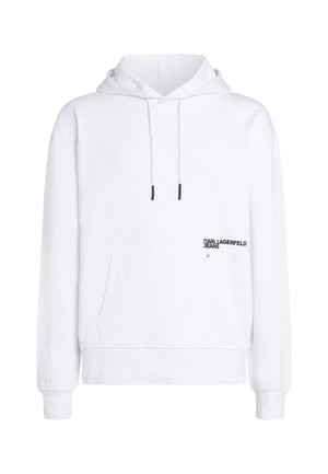 White hoodie featuring a front pocket, adjustable drawstring, and black printed logo on the chest. Made from a soft, textured material.