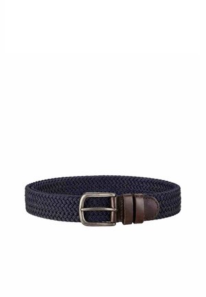 Marineblauwe geweven stoffen riem met een zilverkleurige metalen gesp en een donkerbruine leren lus en uiteinde.