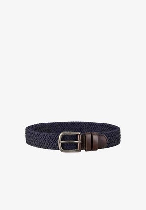 Marineblauwe geweven stoffen riem met een zilverkleurige metalen gesp en een donkerbruine leren lus en uiteinde.