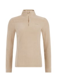 Beige fleece pullover med lange ærmer, høj krave og kort lynlås i front, der har et lille logo på brystet og lynlåsåbning.