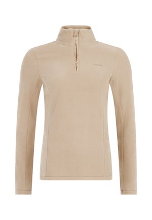 Beige fleece pullover med lange ærmer, høj krave og kort lynlås i front, der har et lille logo på brystet og lynlåsåbning.