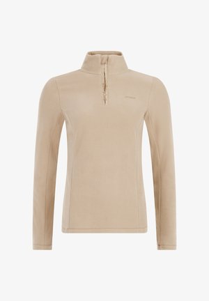 Beige Fleece-Pullover mit langen Ärmeln, hohem Kragen und kurzem Frontreißverschluss, der ein kleines Logo auf der Brust und an der Reißverschlussleiste aufweist.