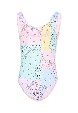 Costume intero con design patchwork pastello con motivi paisley neri e floreali e scritta "Saint Barth" sul petto.