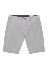 Gray shorts made of lightweight fabric with a straight cut, featuring two front pockets and a button closure. No visible patterns or accents.
