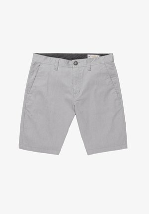Šedé šortky vyrobené z lehkého materiálu se střihovým provedením typu rovné nohy, obsahující dvě přední kapsy a zapínání na knoflík. Bez viditelných vzorů nebo akcentů.