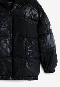 Black puffer jacket featuring a glossy, embossed Marvel logo and superhero graphics. Includes a zip closure and a snap-button pocket.