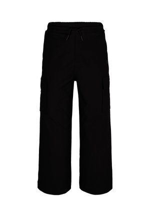 Czarne spodnie cargo z elastycznym pasem, zapięciem na sznurek i bocznymi kieszeniami. Wykonane z miękkiego materiału o luźnym kroju.