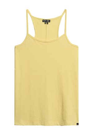 Lichtgele tanktop met spaghettibandjes, gemaakt van zacht materiaal, met een eenvoudig ontwerp en een klassieke snit zonder versieringen.