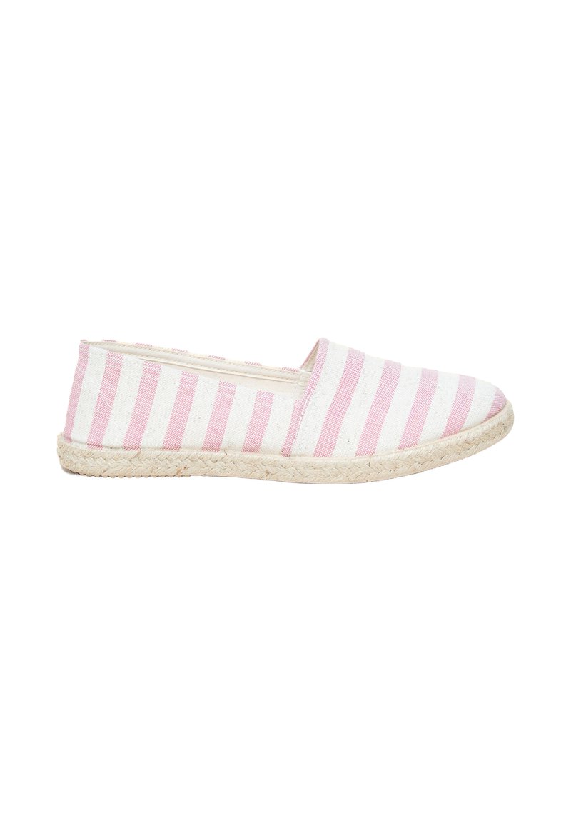 Striped espadrille shoe in white and light pink with a woven jute sole. Features a flat design and slip-on style with a fabric upper.