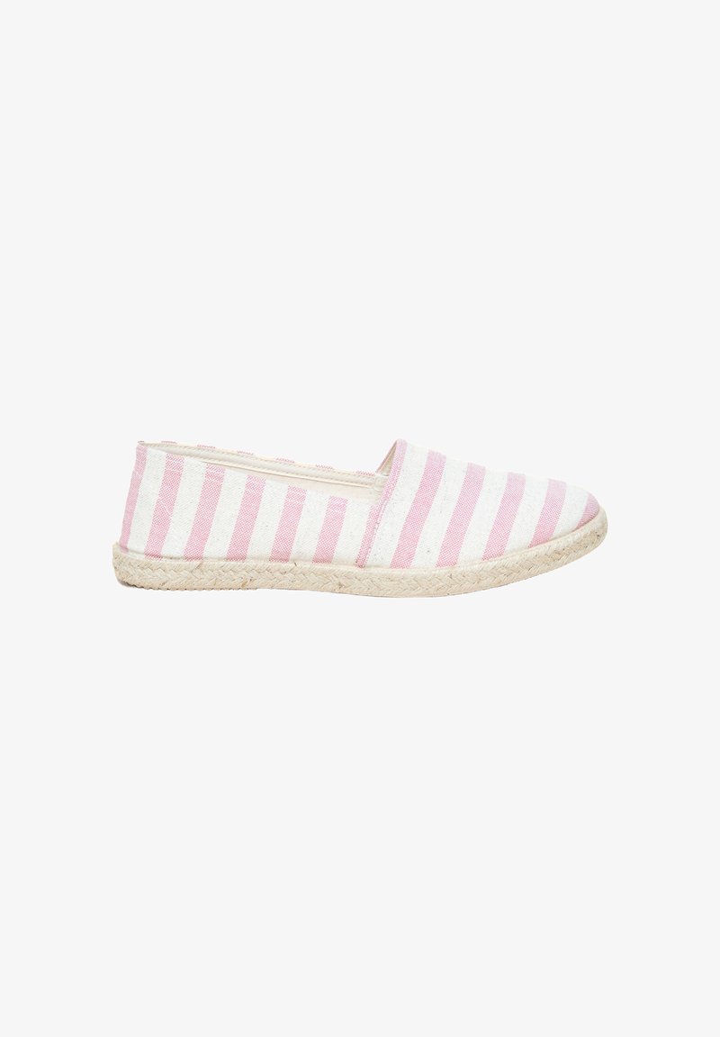Striped espadrille shoe in white and light pink with a woven jute sole. Features a flat design and slip-on style with a fabric upper.