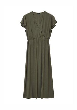 Vestito midi verde oliva con scollo a V, maniche corte svolazzanti e dettaglio in vita arricciata.