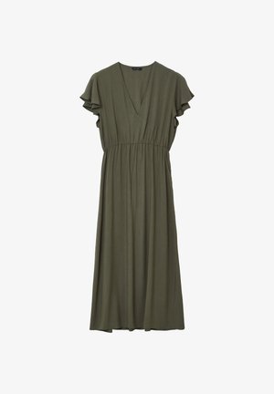 Vestito midi verde oliva con scollo a V, maniche corte svolazzanti e dettaglio in vita arricciata.