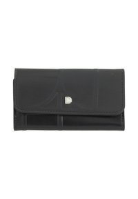 Portafoglio in pelle nera con una superficie liscia, dotato di chiusura a pattina, design impresso e dettagli in metallo argentato. Forma rettangolare compatta.