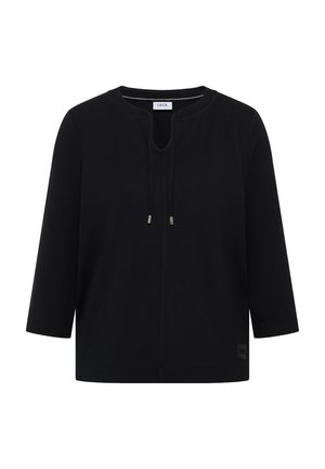 Schwarze Bluse mit langen Ärmeln, rundem Ausschnitt, mittigem Schlitz mit Kordelzug und der Markenetikette "Cecil" im Kragen.