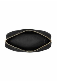 Czarna torba na przybory szkolne z teksturowanym wykończeniem, złotym zamkiem błyskawicznym i przestronnym wnętrzem. Owalny kształt z otwartym wlotem, bez dodatkowych przegródek.